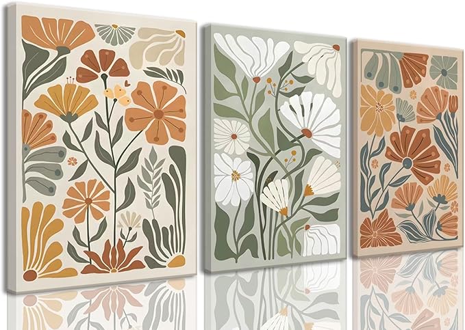 KISSFOX Framed Canvas Wall Art Abstract Floral Botanical Print Set of 3 Green Beige Wildflower Flower Market Paintings Boho Modern Minimalist Pictures Decor Bedroom Bathroom Living Room 16"x24"