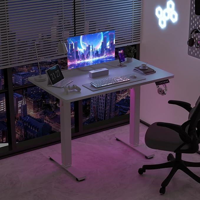 40" x 24" Electric Standing Desk, Adjustable Height Sit Stand Desk with 3 Preset Heights & 2 Hook, Electric Desk for Home Office Gaming, White