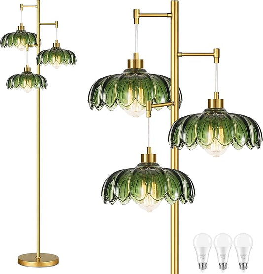 Glass Floor Lamp for Living Room,Bedroom,Mid Century Modern Standing Lamp Brass Tree 3 Light Tall Floor Lamps Vintage Retro Floor Lights Gold Green Flower Lamp Shade Farmhouse Boho Bohemian