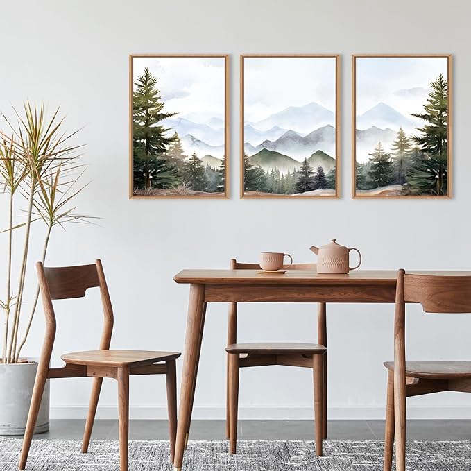 KAIRNE Framed Mountain Canvas Wall Art Set, Misty Forest Wall Decor, Green Pine Tree Wall Painting, Nature Widerness Landscape Art Print for Living Room, Bedroom, Study, Gallery - 24"x36"x3
