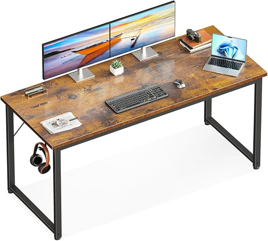 Casaottima 54 Inch Computer Desk for Home Office, Study Writing Table for Small Spaces, Simple Modern Desk with Headphone Hooks, Rustic Brown