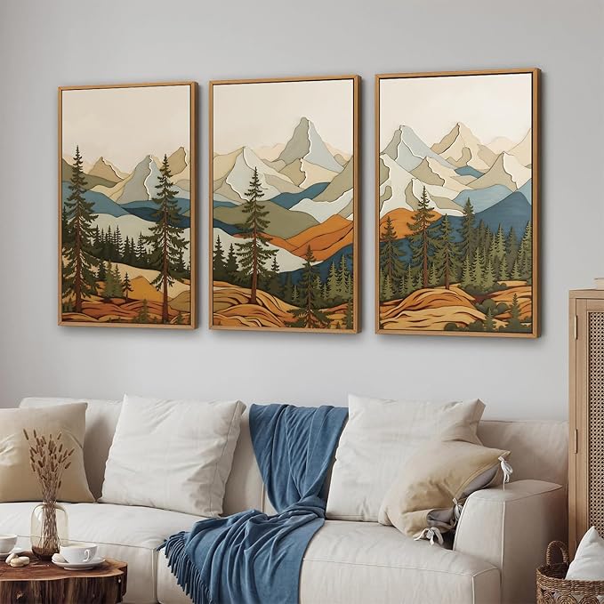 SIGNINART Vintage Mountains Framed Canvas Wall Art, Wooden Forest Wall Decor, Green Wood Pine Trees Wilderness Artwork, Natural Ridge Landscape Art Paintings for Living Room Bedroom Office 24"x36"x3