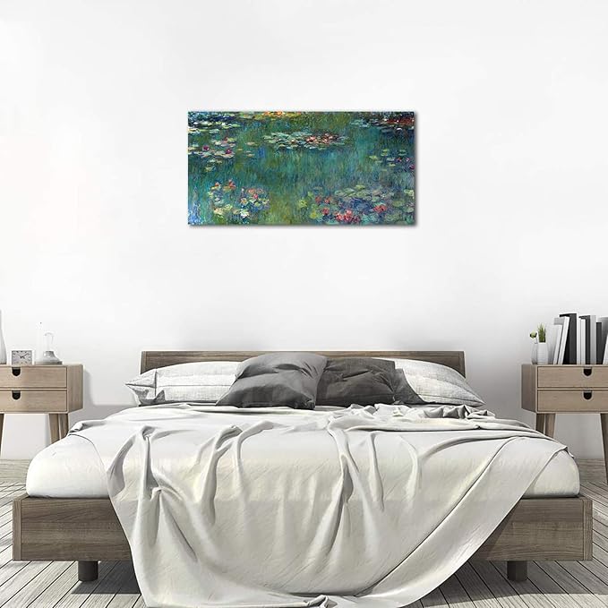 Large Canvas Wall Art Water Lilies by Claude Monet Landscape Canvas Pictures for Living Room Bedroom Nature Canvas Artwork Green Garden for Home Office Wall Decor Framed Ready to Hang 24" x 48"
