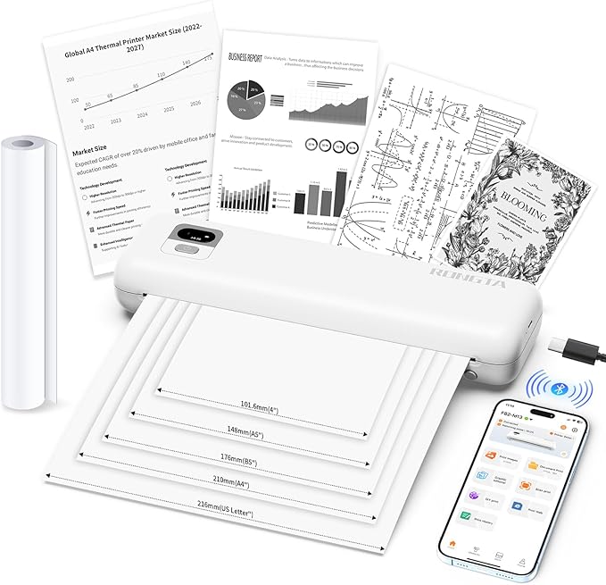 Rongta Portable Printer Wireless for Travel, Thermal Inkless Printers for 8.5"*11" US Letter, Compatible with Android iOS Smartphone, Mac Windows Laptop for Office, Home, Travel (White)