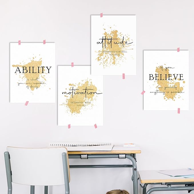HRQKO Gold Inspirational Wall Art Set of 4, Motivational Prints, Modern Gold Artwork, Affirmations for Office Women 12'x16' Unframed