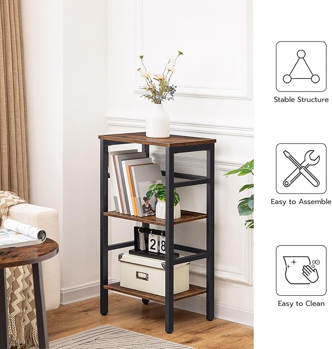 HOOBRO 3 Tier Bookshelf, Small Narrow Bookshelf, Record Storage Rack with Side Fence, Floor-Standing Shelf Units, Narrow Display Shelf for Living Room, Bedroom, Classroom, Rustic Brown BF80CJ01G1