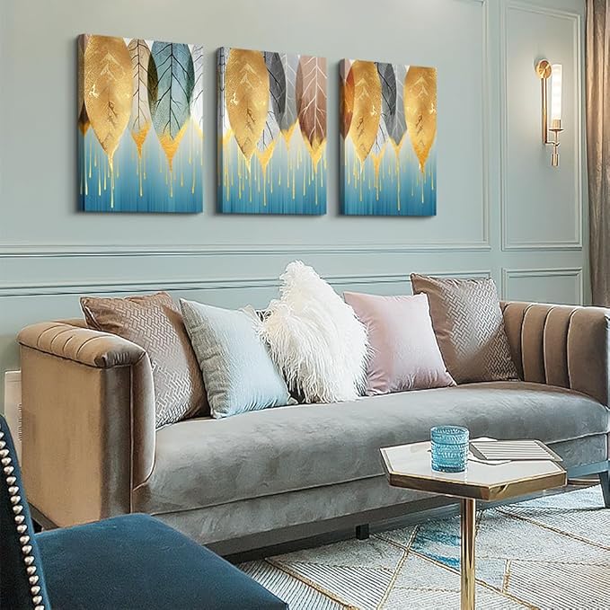 DZRWUBHS Fashion Golden Leaves Abstract Paintings Wall Art for Living Room Family Wall Decor for Bedroom Wall Decorations for Kitchen Canvas Art Hang Pictures Artwork Large Home Decoration 3 Pieces