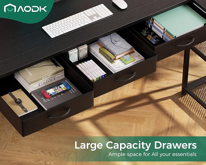 AODK 53 Inch L Shaped Computer Desk with Drawers, Corner Desk with Power Outlets & Reversible Storage Shelves, for Home Office Gaming, Black