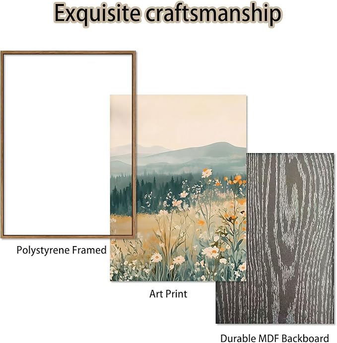 KISSFOX 3 Piece Framed Wildflower Wall Art Floral Wall Decor Landscape Flower Pictures Mountain Canvas Art Daisy Paintings Farmhouse Artwork For Bedroom Bathroom Living Room