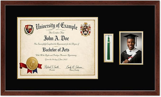 CountryArtHouse Diploma Tassel and Photo Shadowbox Fits 17 x 13 International Diploma with Tassel Hook an Rustic Walnut Genuine Hardwood with Black Over Metallic Gold Double mat