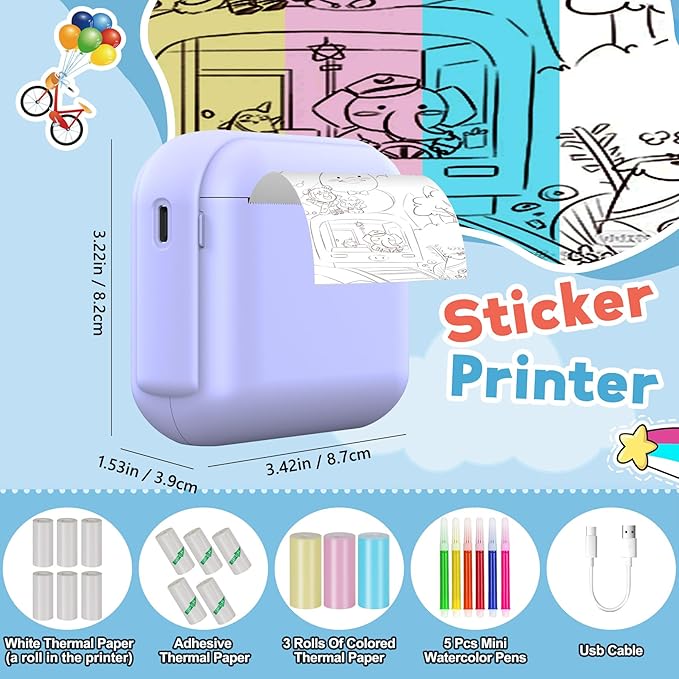 Sticker Maker for Kids, Print Pods Mini Sticker Printer Machine with 13 Rolls Paper, Portable Bluetooth Thermal Printer for Notes, Journal, DIY ,Gift, Impresora Portátil for Home/School/Office