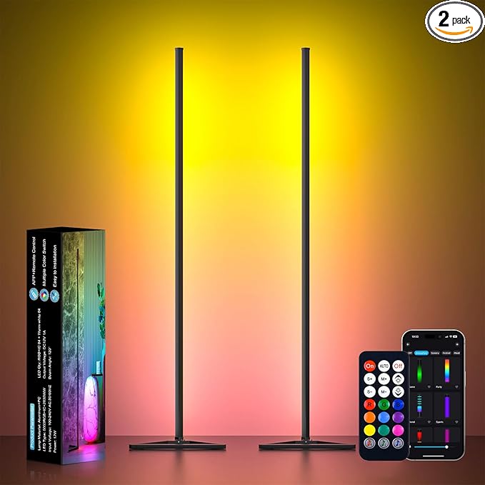 MIHEAL 2PCS Black Corner Floor Lamp, Synced Lights LED Control Floor Lamp RGB Light 56" Smart LED Corner Lamp App and Remote for Living Room Gaming Bedroom and Etc