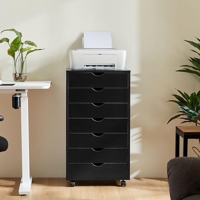 NEWBULIG 7 Drawers File Cabinet Under Desk Storage with Wheels Small Rolling Office Filing Cabinets Chest of Dawers for Home Office Black