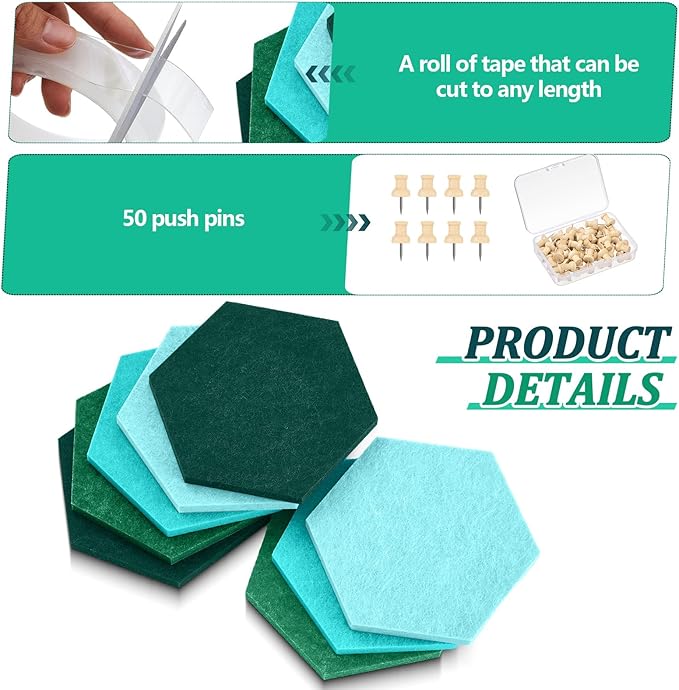 16 Pcs Hexagon Cork Board for Walls with 50 Wooden Push Pins 6.7 x 5.9 in Felt DIY Tiles Notice with Nano Tape Hanging Bulletin Board for Home Photo Office Memo Note(Turquoise)