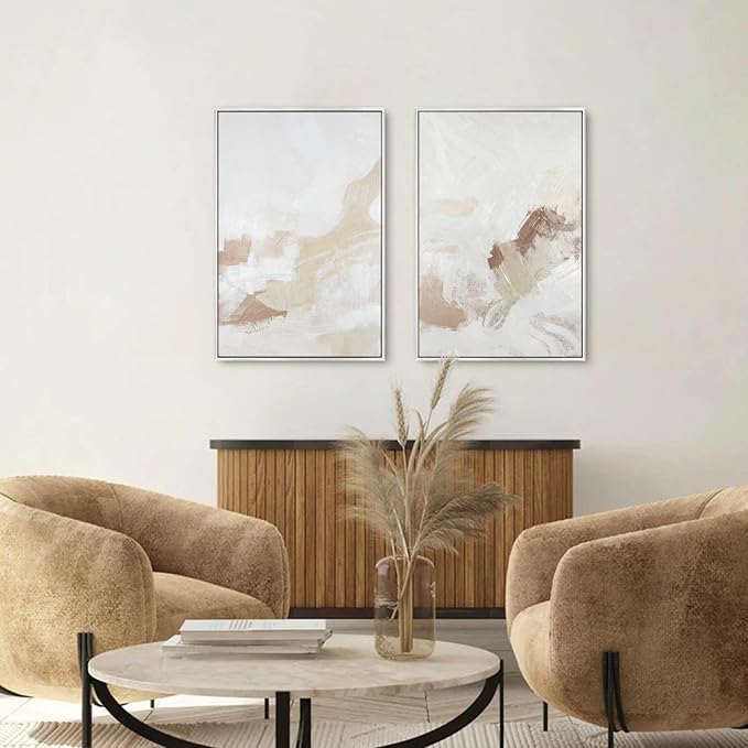 Framed Neutral Abstract Wall Art Set - Pastel Duotone Tan and White Abstract Illustrations Modern Wall Art Decorative Contemporary for Living Room, Bedroom, Office - 16"x24"x2