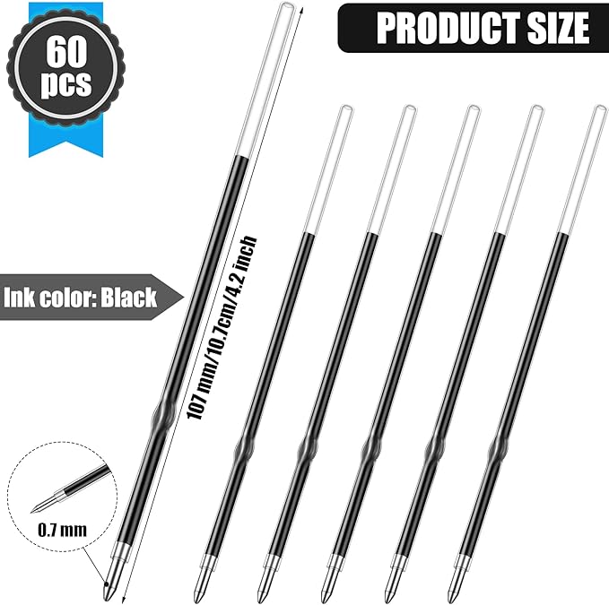 Outus 60 Pcs 0.7 mm Black Retractable Pen Refills Bulk 4.2inch Replacement Ballpoint Ink Pen Refills for Click Ball Point Pens School Office Supplies