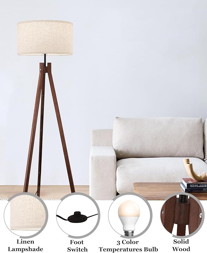 ELYONA Wood Tripod Floor Lamp, Mid Century Reading Standing Lamp with 3 Color Temperatures & Linen Shade, Modern Night Light for Bedroom, Farmhouse, Living Room, Office, 9W LED Bulb Included, Brown