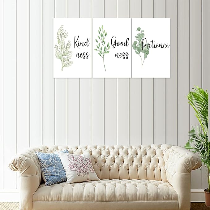 3 Piece Inspirational Wall Art, White Plant Background Picture, Quote "Kind Good Patience" Canvas Print for Office Decor, Triptych Entrepreneur Painting Framed Artwork for Home Wall Decor (48"Wx24" H)