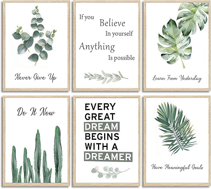 6pcsOffice Inspirational Botanical Canvas Wall Art Eucalyptus Leaves Sage Motivational Quotes Painting Picture Wall Decor Never Give Up Poster Print Artwork For Classroom Bedroom Home Decoration