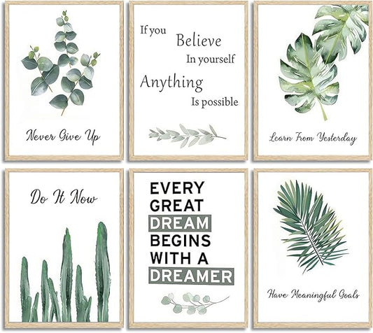 6pcsOffice Inspirational Botanical Canvas Wall Art Eucalyptus Leaves Sage Motivational Quotes Painting Picture Wall Decor Never Give Up Poster Print Artwork For Classroom Bedroom Home Decoration