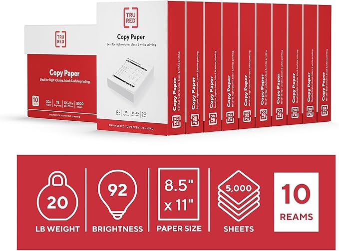 TRU RED 8.5x11 Copy Paper 20 lb. 92-Bright 5000 Sheets/Carton, For Office, School & Home