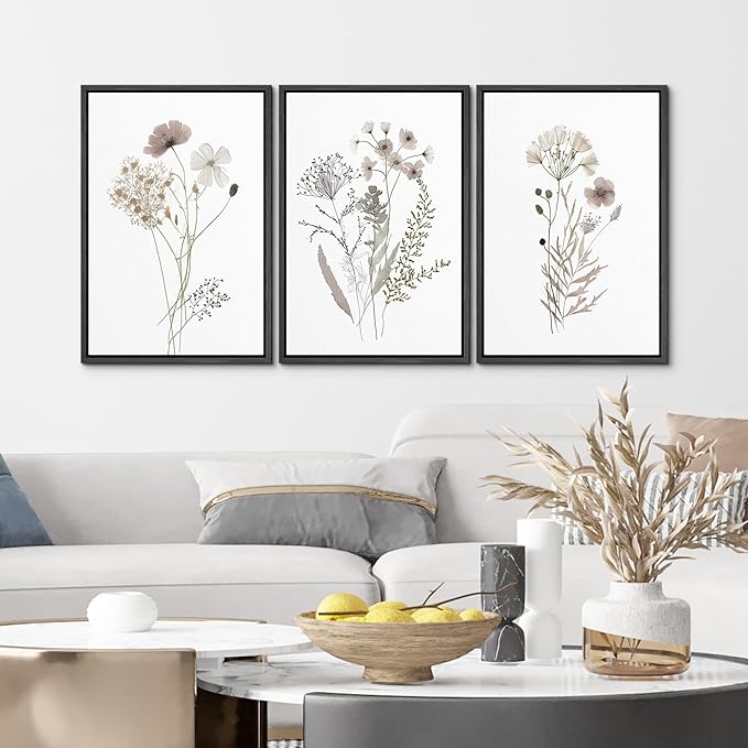 MUDECOR Framed Canvas Print Wall Art Watercolor Wildflower Art Print, Floral Botanical Prints, Minimalist Art, Modern Farmhouse for Bedroom - 24"x36"x3 Black