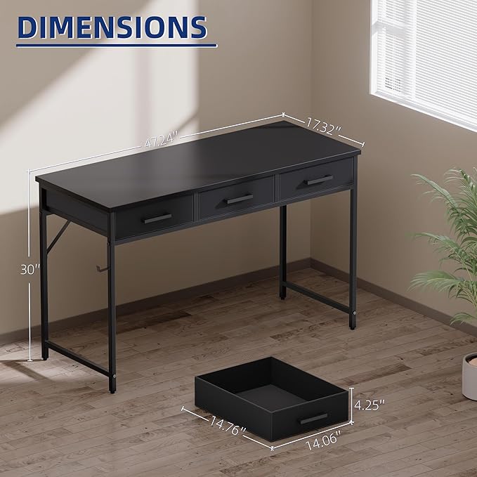 Pamray 47 Inch Small Computer Desk with 3 Drawers for Bedroom Study Writing Home Office Table for Small Spaces Marble
