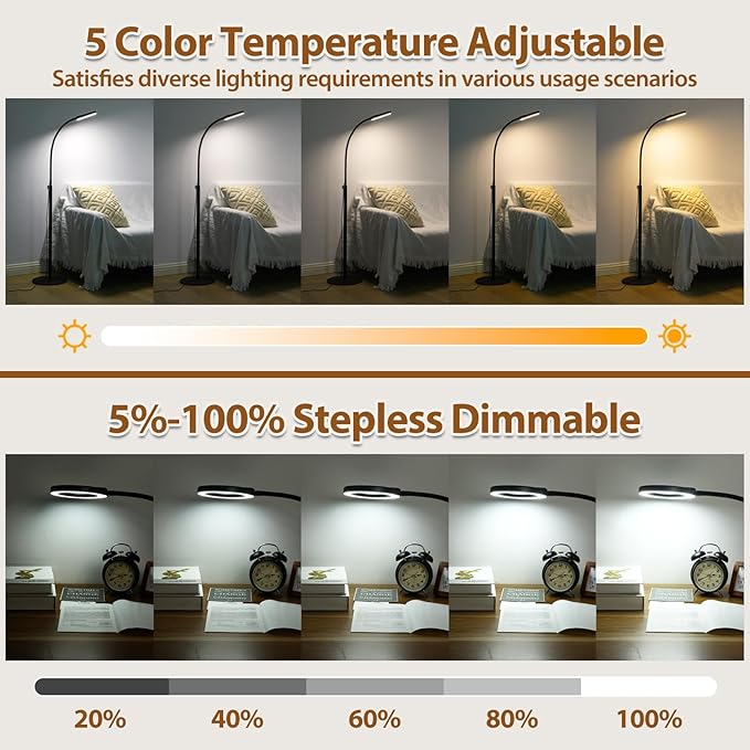 8X Magnifying Glass with Light and Stand, Krstlv 24" Flexible Gooseneck Magnifying Floor Lamp, 3-in-1 LED 5 Color Modes Stepless Dimmable Lighted Magnifier Hands Free for Close Work, Hobby, Esthetican