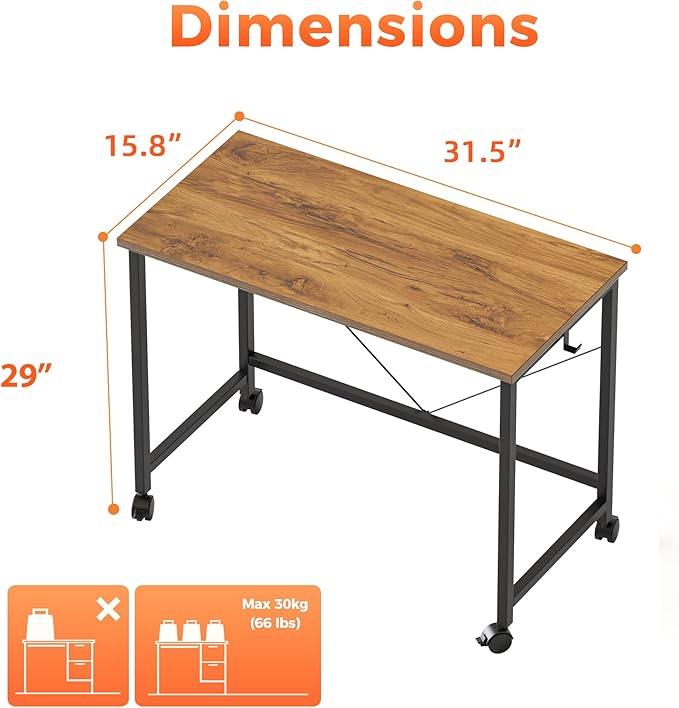 Mericonia 32 inch Rolling Computer Desk with Wheels, Gaming Desk for Small Spaces, Modern Simple Style Table for Home Office, Study Writing Table