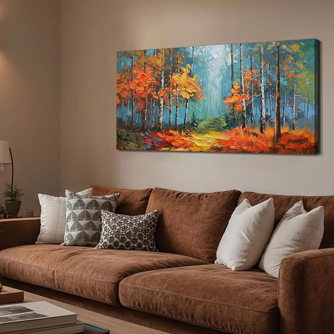 Arjun Nature Wall Art for Living Room, Landcape Canvas Forest Painting for Bedroom, Framed Textured Reddish Artwork Large Picture Dining Room Kitchen Home Office Wall Decor 48"x24"