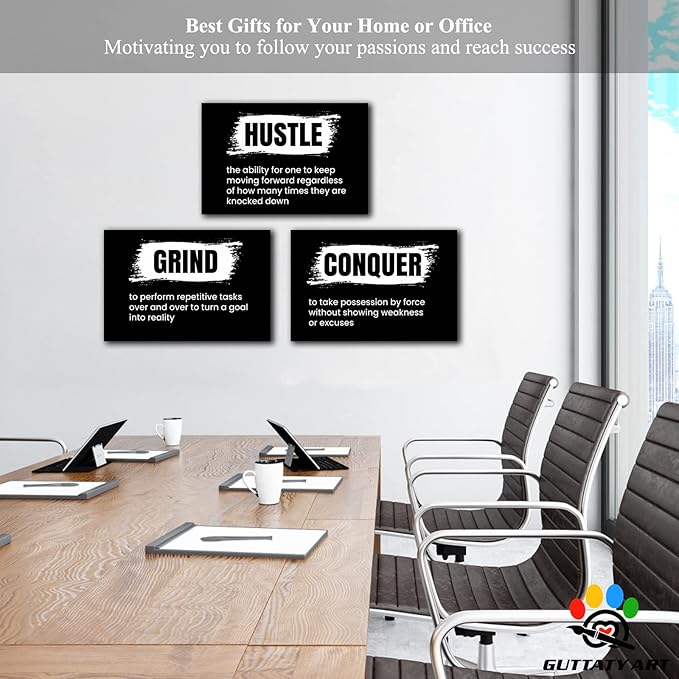 Office Wall Art - 3 Panel Motivational Wall Art, Inspirational Quotes Canvas Art for Home Office Wall Decor, Positive Quotes Wall Decor, Entrepreneur Grind Hustle Execution Poster Frame (16”x24”x3Pcs)