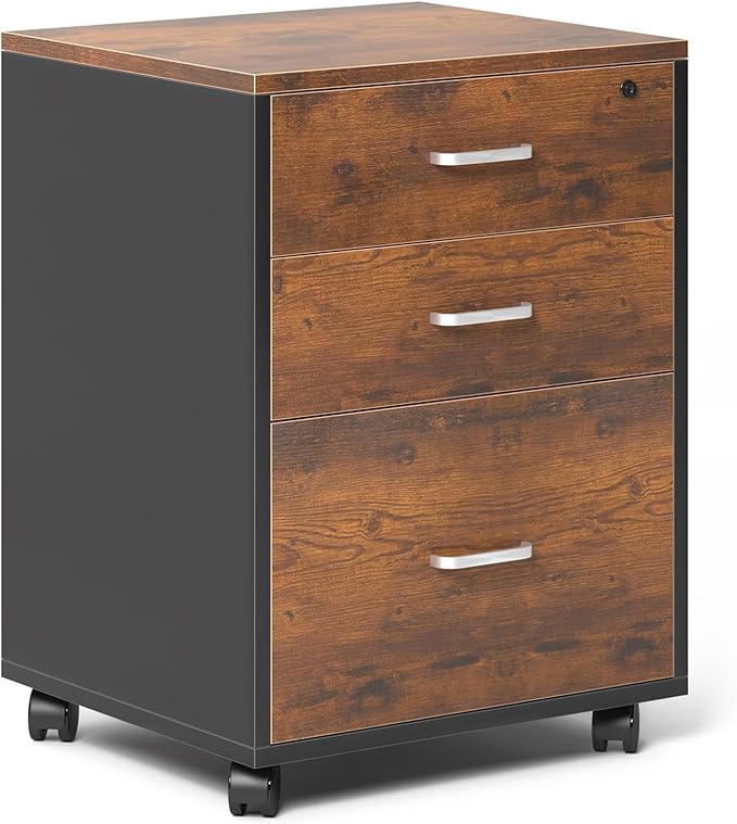 Need 3 Drawer Wood Mobile File Cabinet with Lock,Rolling Filing Cabinet for Letter/A4 Size for Home Office,Rustic Brown ND-10CZLXFC04FG