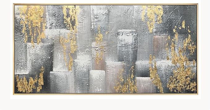 ZHMANLUCK Modern Abstract Extra Large Home Office Decor Paintings Oil Painting Landscape Painting On Canvas Art Gray Gold Foil Artwork 95x193cm/(37x76inch) with-Black-Frame