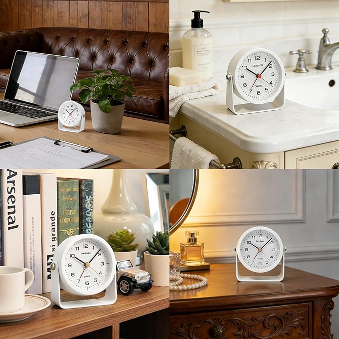 3.5 Inch Small Desk Alarm Clock, Battery Operated Analog Silent Clock with Night Light, Retro Vintage Metal Bedside Clock for Bedroom, Office, Bathroom, Dorm, Shelf, Table - White