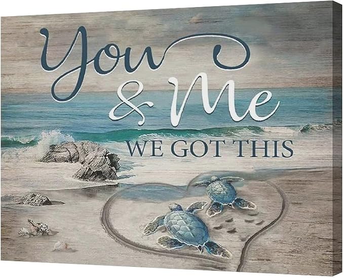 Beach Sea Turtle Bathroom Wall Art Coastal Turtle Love Pictures Wall Decor Ocean Nautical Canvas Seascape Painting Modern Artwork Home Decoration for Living Room Bedroom Office Framed 24"x20"