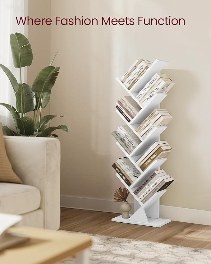 VASAGLE Custos Collection - Tree Bookshelf, Modern Bookcase, Floor Standing Book Shelf, for Bedroom, Living Room, Home Office, 7.9 x 15 x 45.4 Inches, Cloud White ULBC609W01