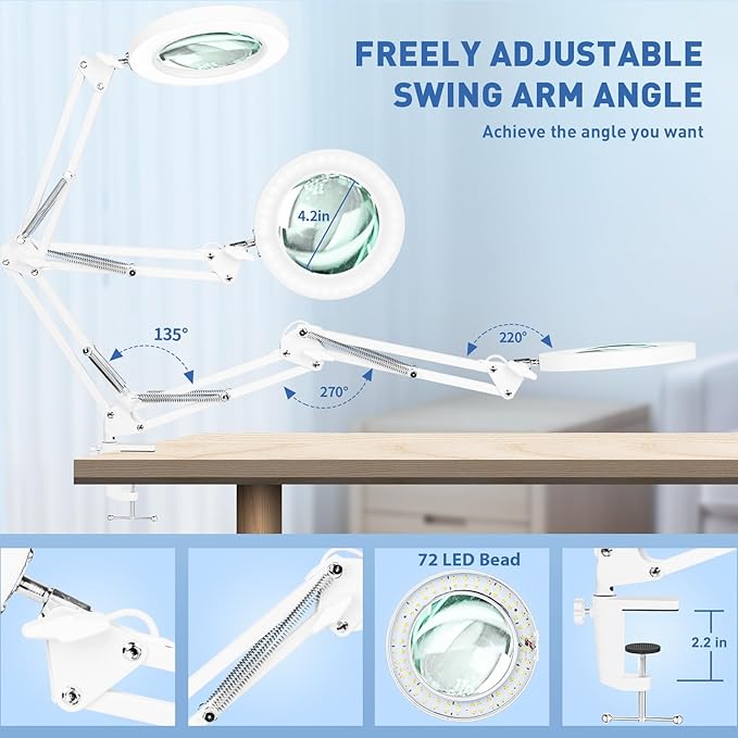 HITTI 10X Magnifying Glass with Light, 1800 Lumens Stepless Dimmable, 3 Color Modes, 4.2″ Real Glass Lens LED Lamp Clamp, Magnifier Light and Stand for Panting, Puzzle, Close Work-White