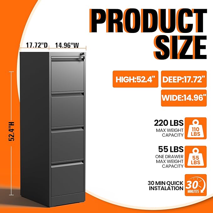 4 Drawer File Cabinet with Lock, Metal Filing Cabinet for Home Office, Vertical File Cabinet for Letter/Legal/A4/F4 Documents, Easy to Assemble Steel Storage Cabinet