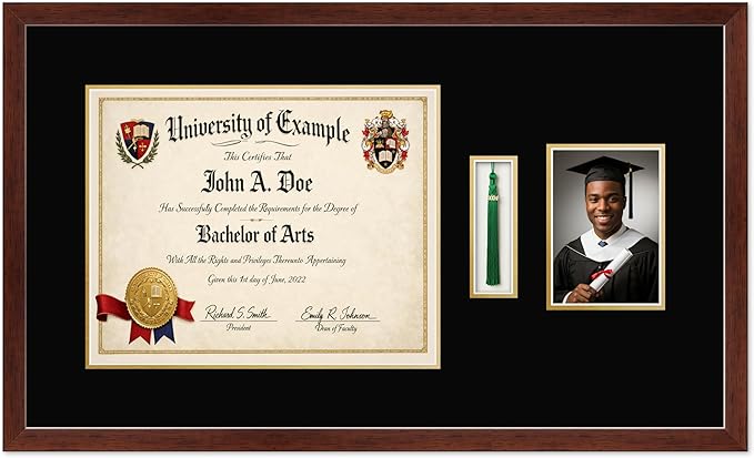 CountryArtHouse Diploma Tassel and Photo Shadowbox Fits 15 x 12 Military/Government with Tassel Hook and Rustic Walnut Genuine Hardwood with Black Over Metallic Gold Double mat