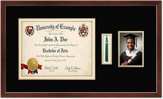CountryArtHouse Diploma Tassel and Photo Shadowbox Fits 15 x 12 Military/Government with Tassel Hook and Rustic Walnut Genuine Hardwood with Black Over Metallic Gold Double mat