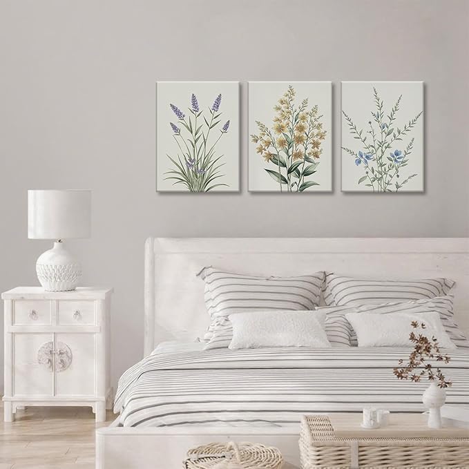 TUEASKY 3 Piece Canvas Wall Art Wildflower Wall Decor Botanical Pictures Floral Paintings Watercolor Prints Minimalist Artwork for Bedroom Bathroom Living Room