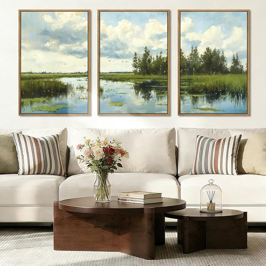 BINCUE Framed Green Nature Wall Art Lake Scenery Wall Decor Landscape Art Print for Living Room Bedroom Office 16 x24 Inches Set of 3