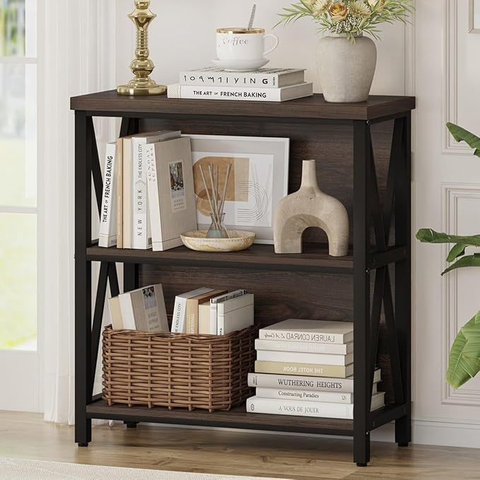 FATORRI Small Bookshelf, 3 Shelf Bookcase for Living Room, Low Short Bookshelf, Industrial Wood Book Shelf and Rustic Book Case for Small Space, Home Office (Dark Walnut)