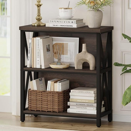 FATORRI Small Bookshelf, 3 Shelf Bookcase for Living Room, Low Short Bookshelf, Industrial Wood Book Shelf and Rustic Book Case for Small Space, Home Office (Dark Walnut)