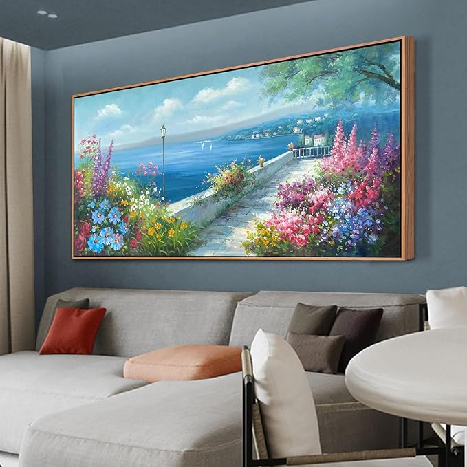Arjun Blue Coastal Canvas Framed Wall Art for Living Room Ocean Landscape Painting Bedroom, Hand Painted Seascape Garden Flower Picture Artwork Large Home Office Wall Decor, 48"x24"