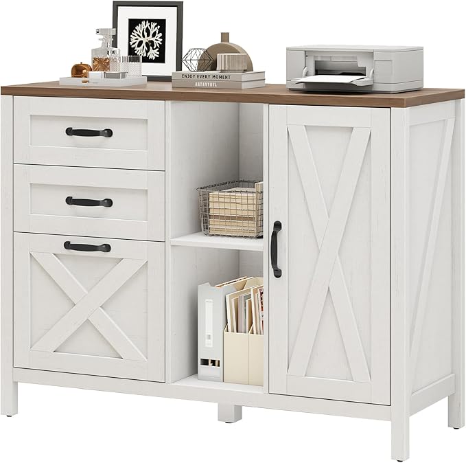 Vabches Lateral File Cabinet, Farmhouse 3 Drawer File Cabinet with Open Storage Shelf for Letter/A4/Legal Size Hanging Files, Large Wood Storage Cabinets Printer Stand for Home Office, White