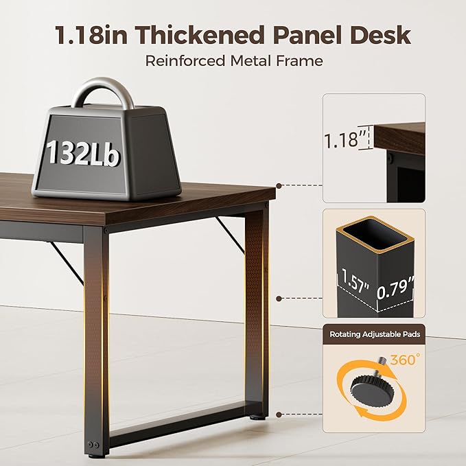 Mericonia 48 Inch Computer Desk with Power Outlets, 1.2" Thick Heavy Duty Industrial Office Desk, Modern Simple Study Writing Table for Home Bedroom Workstation, Walnut