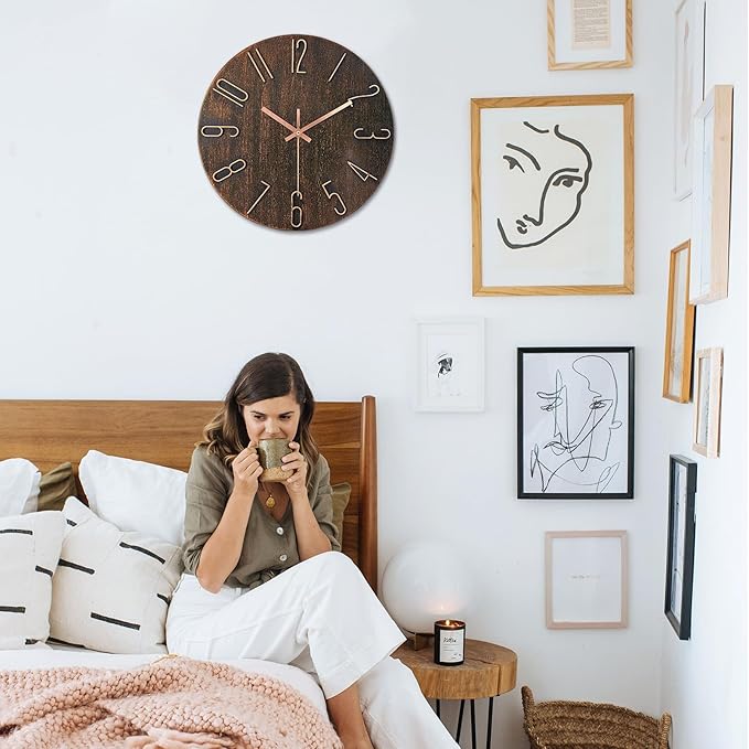 AIRUIFU Wall Clock 12 Inch Non-Ticking Silent Battery Operated Round Wall Clock Modern Simple Style Decor Clock for Home/Office/School/Kitchen/Bedroom/Living Room (Brown)