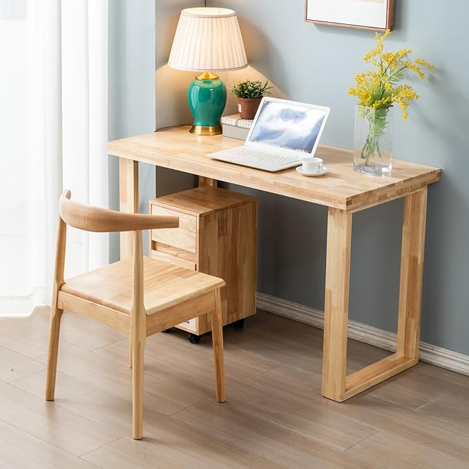 Solid Wood Desk, Wooden Computer Desk for Home Office, Gaming Study Desk for Small Spaces, Writing Work Desk for Bedroom,Easy Assembly (Wood Color 47inch)