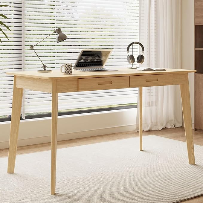 47 Inch Compact Computer Gaming Desk, Study Work Office Desk with 2 Storage Drawers, Rectangular Study Reading Table, Simple Computer Writing Table for Home Office, Living Room, Natural